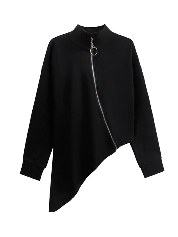 Irregular Clipping Long Sleeves Asymmetric Zipper High-Neck Jackets Outerwear