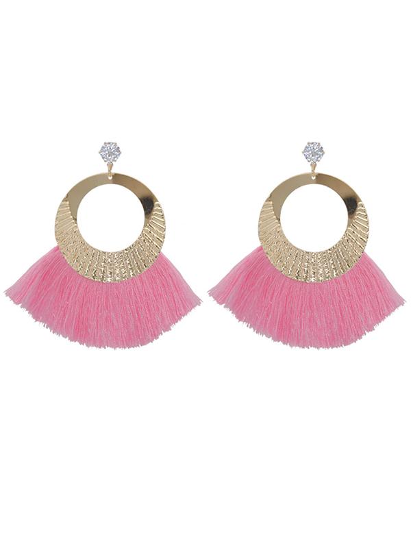 Rhinestone Tasseled Metal-ring Big Earrings