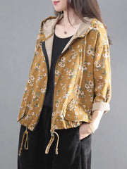 Women Hooded Printed Zip Drawstring Coat