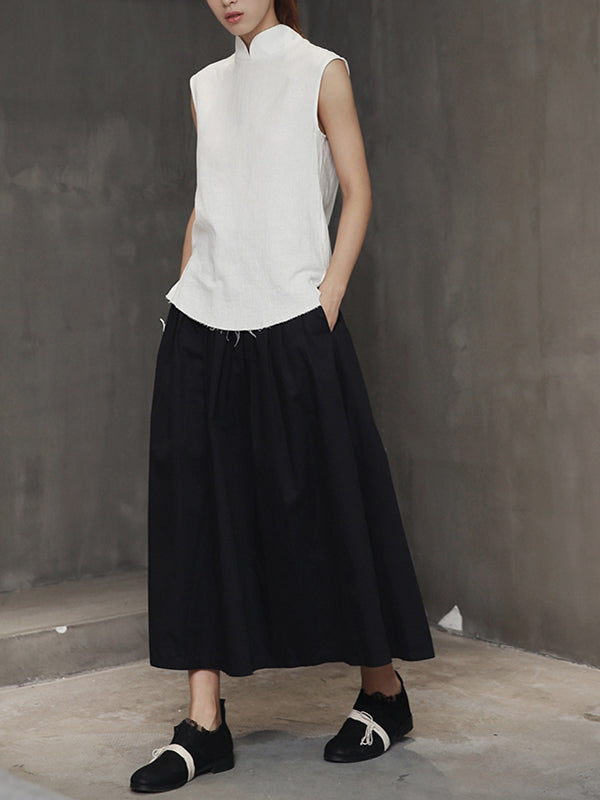 Women Solid Color Pleated Loose Casual Skirt