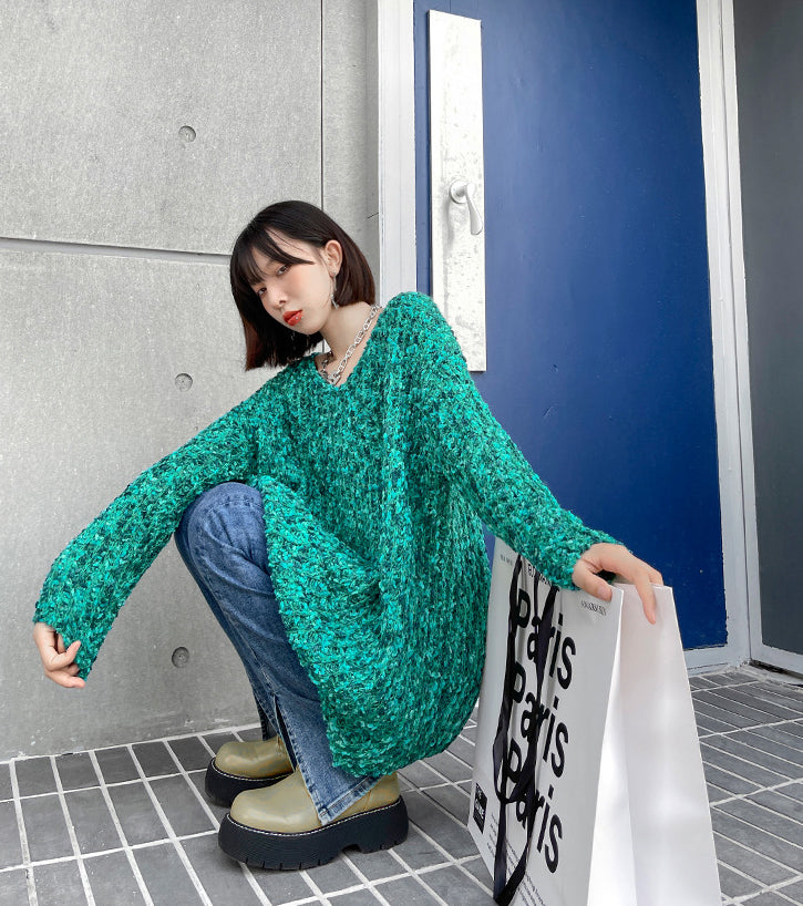 Loose V-Neck Long Sleeve Solid Color Knitted Sweater