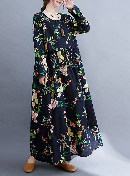 Round Neck Long Sleeve Floral Printed Retro Maxi Dress