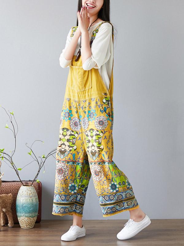 National Style Printed Loose Jean Jumpsuit