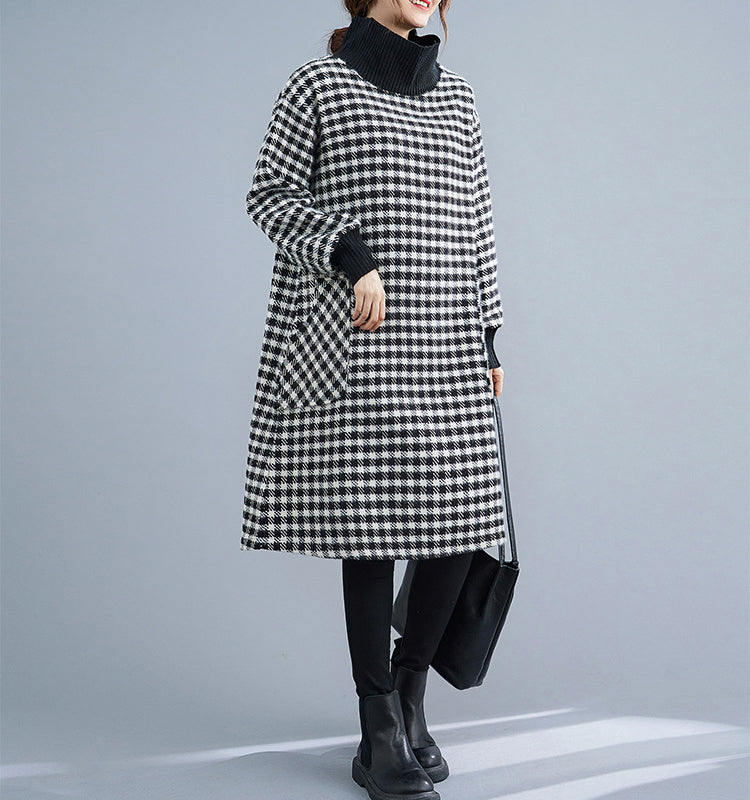 Large Size Loose Mid-Length Plaid Turtleneck Dress