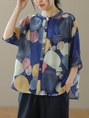 Loose Stand Collar Printed Cardigan Casual Shirt