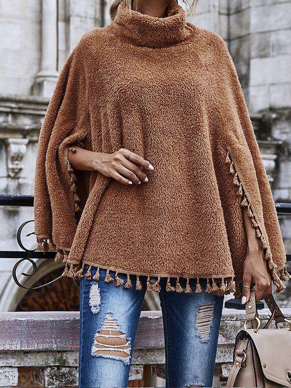 Women Solid Color High Neck Fringed Long Sleeve Coat