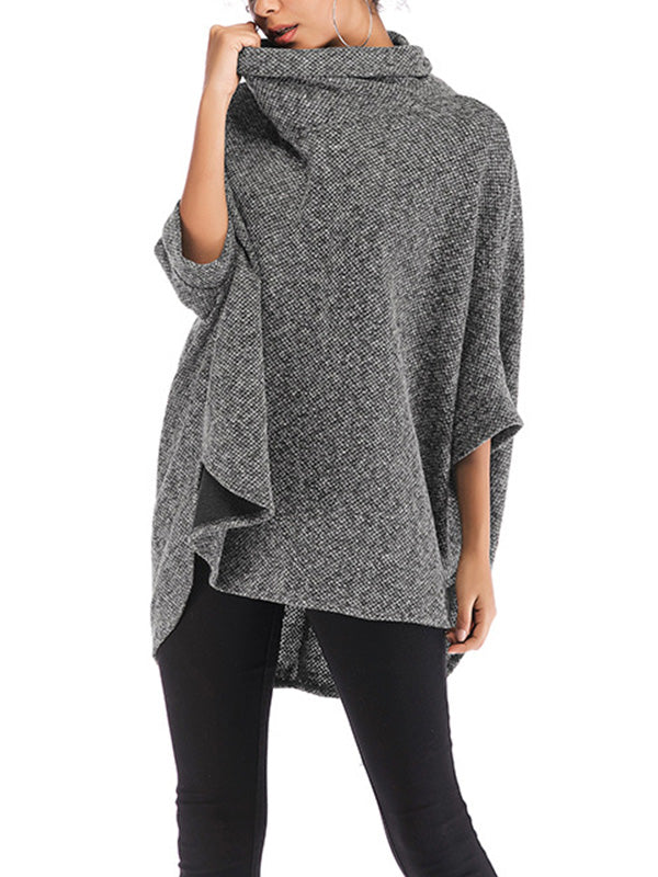Batwing Sleeves High-Low Solid Color High Neck Knitwear Pullovers Sweater Tops