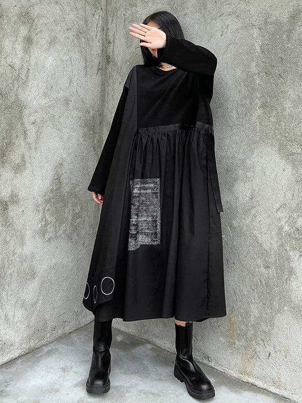 Women Round Neck Solid Color Long Sleeve Dress