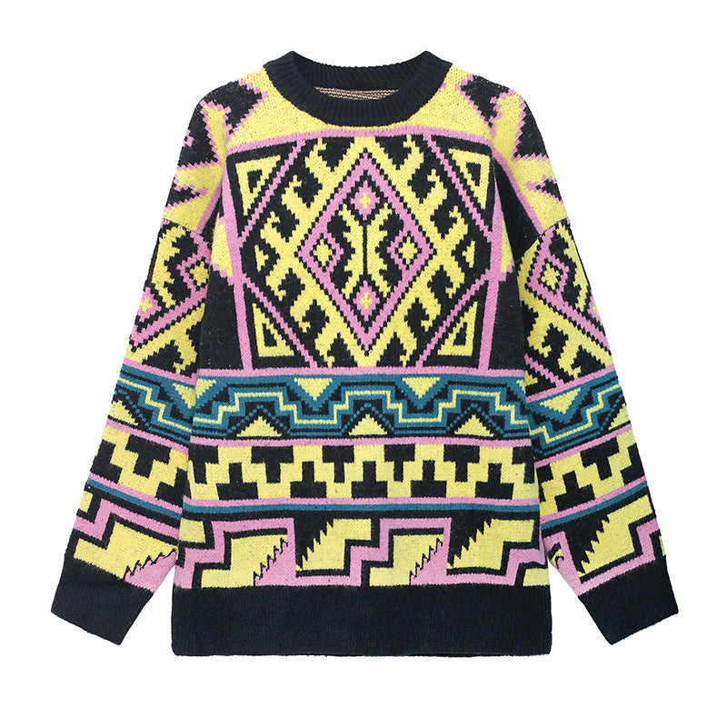 Ethnic Style Loose Geometric Jacquard Sweater