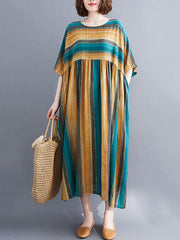 Vintage Striped Split-Joint Round-Neck Dress