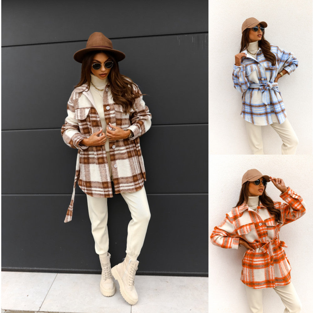 Casual Plaid Long Sleeve Thicken Shirt With Belt