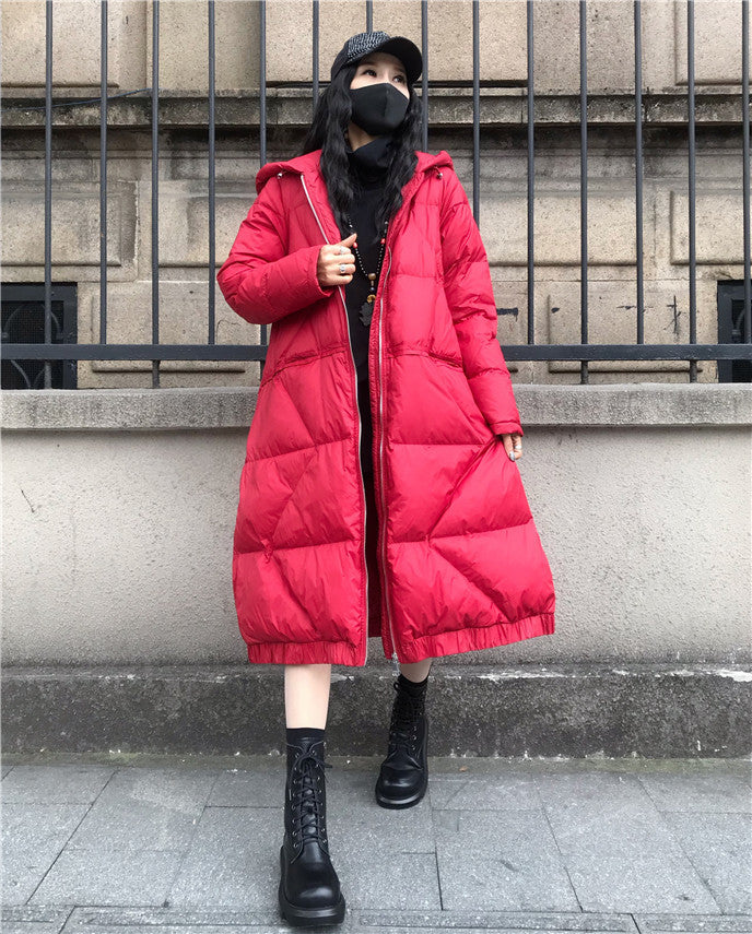 Large Size Loose Mid-Length Thick Hooded Down Coat