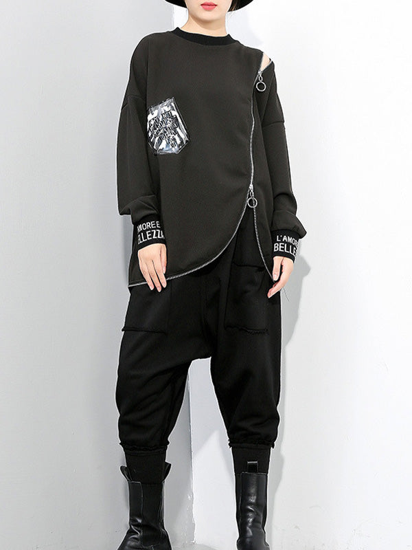 Women Zipper Pullover Irregular Sweatshirt