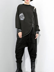 Women Zipper Pullover Irregular Sweatshirt