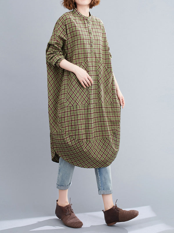 Retro Large Pocket Plaid Midi Dress