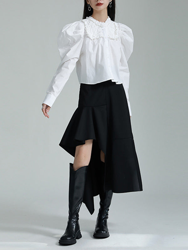 Long Sleeves Bishop Sleeve Split-Joint Pure Color Round-Neck Blouses&Shirts Tops