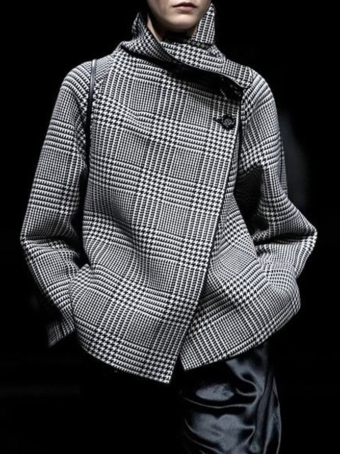 Long Sleeves Loose Asymmetric Houndstooth Plaid Stand Collar Jackets Outerwear