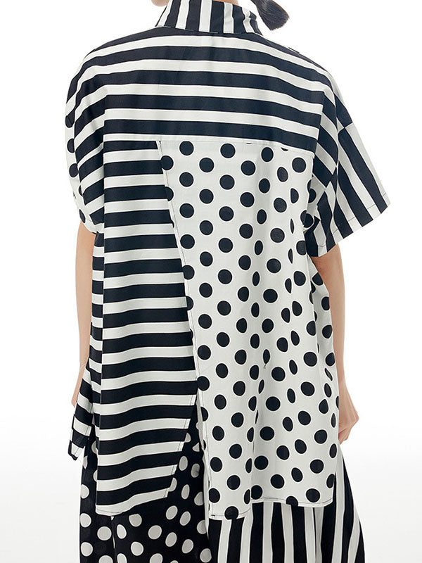 Irregular Clipping Roomy Polka-Dot Split-Joint Striped Lapel Shirts Tops