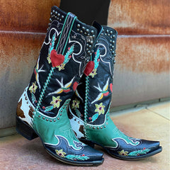 Retro Embroidered Rivet Color Block  Female Boots