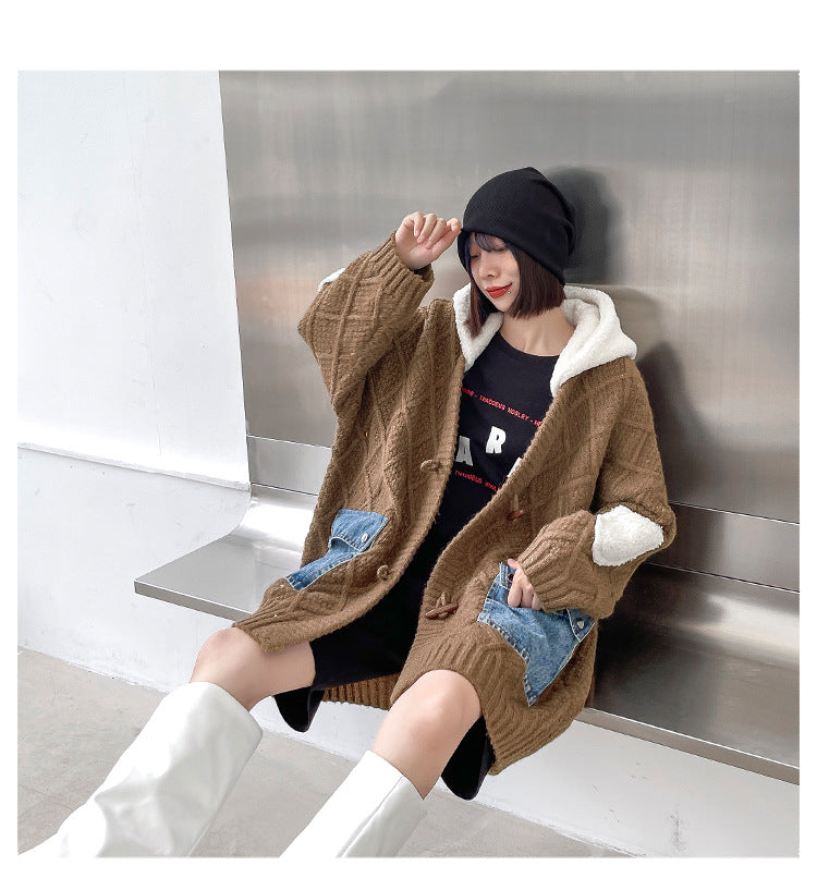 Casual Loose Knitted Hooded Jacket With Big Pocket