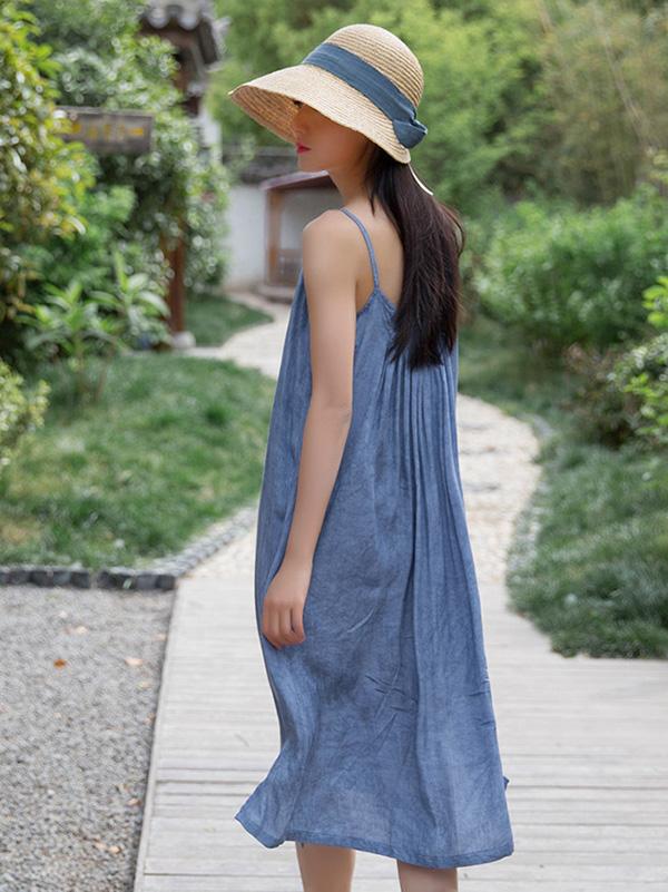 Simple Solid Pleated Sleeveless Midi Dress