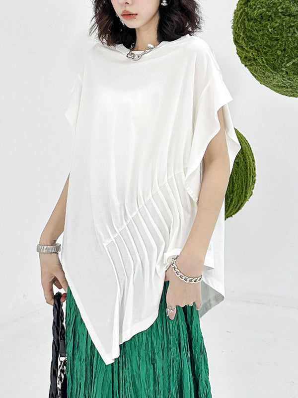 Irregular Clipping Roomy Pleated Pure Color Split-Joint Round-Neck T-Shirts