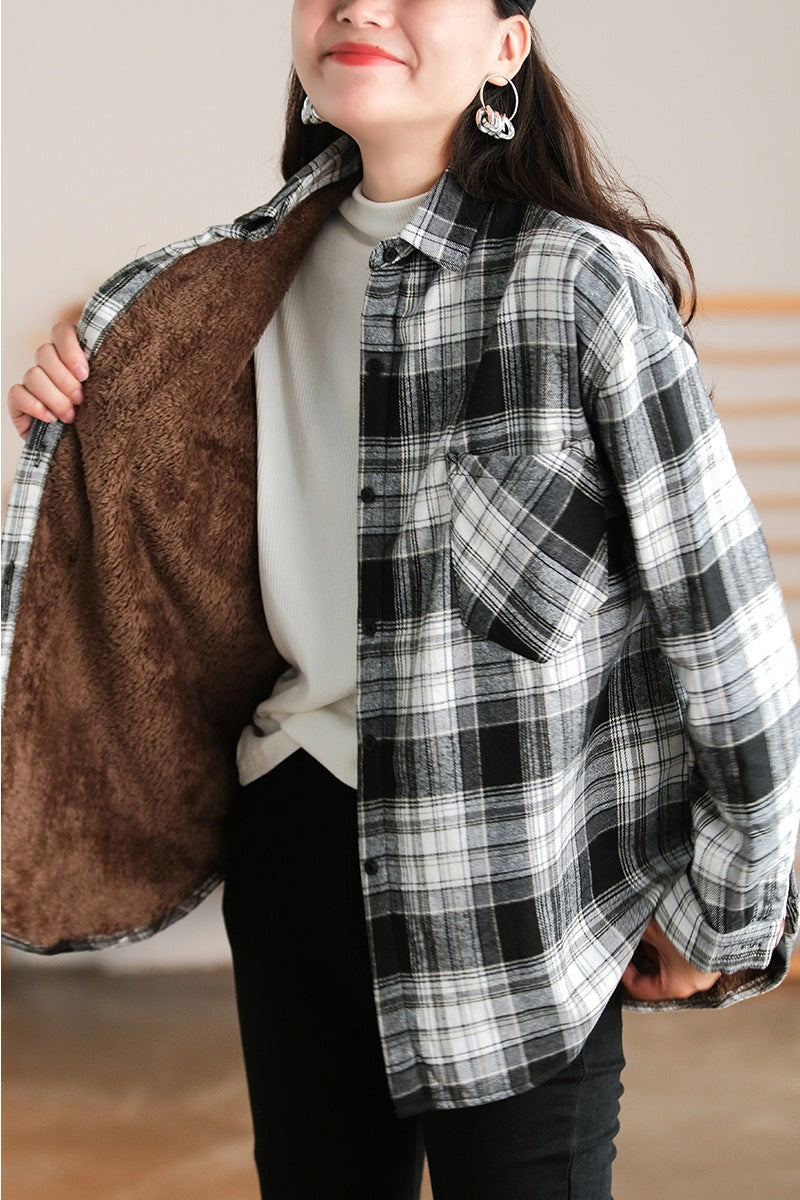 Retro Plaid Thicken Lapel Collar Shirt