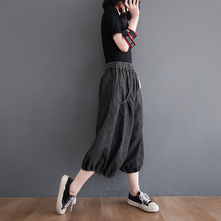 Solid Color Loose Elastic Waistband Pants