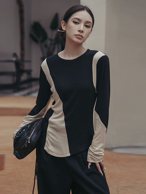 Original Creation Long Sleeves Skinny Contrast Color Asymmetric Split-Joint Round-Neck T-Shirts Tops