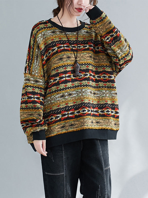 Women Printed Plus Velvet Round Neck Casual Sweater