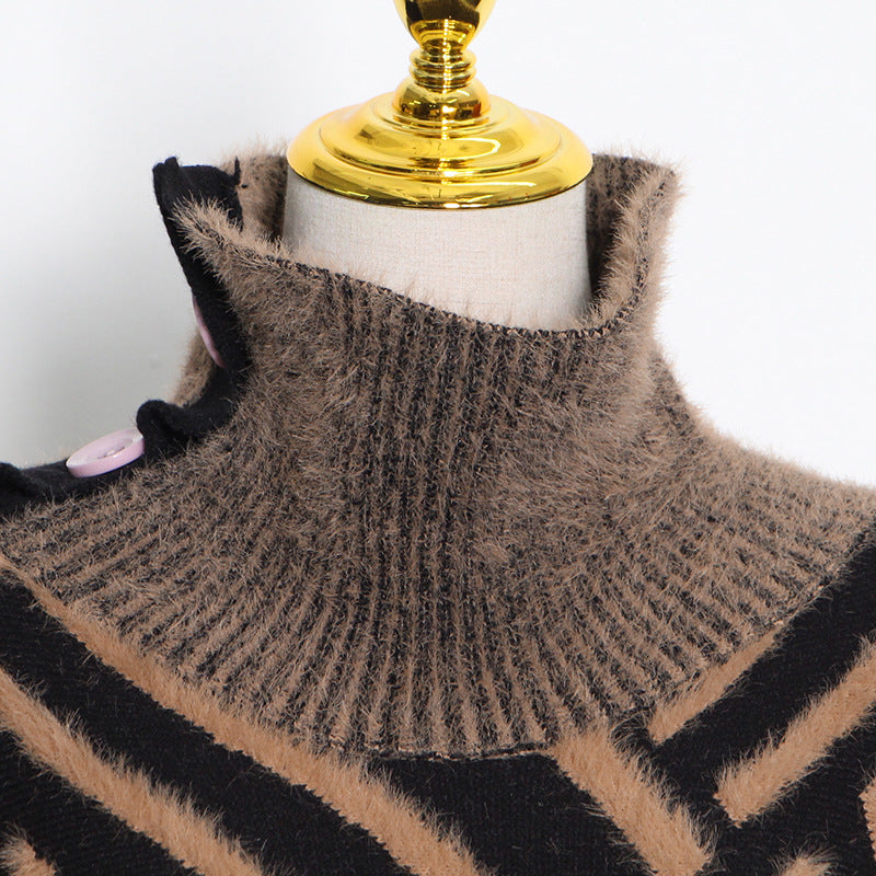 Loose Splicing Geometric Striped Stand Collar Sweater