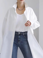 Long Sleeves Loose Buttoned Solid Color Split-Side Lapel Collar Shirt Outerwear