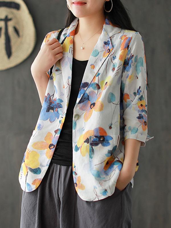 Loose Ramie Floral Printed Suit Outwear