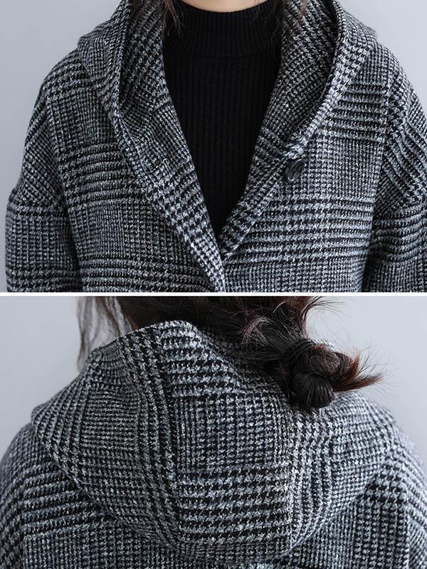 Loose Plaid Woolen Hood Coat