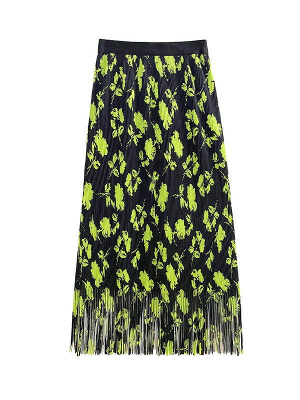 Floral Stamped Pleated Tasseled High Waisted Skirts Bottoms