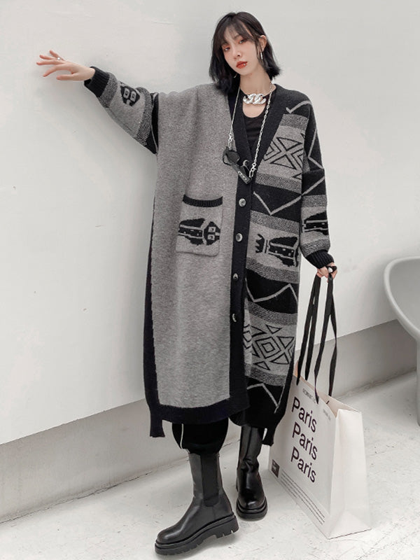 Urban Roomy Knitting Asymmetric Jacquard Cardigan Coat