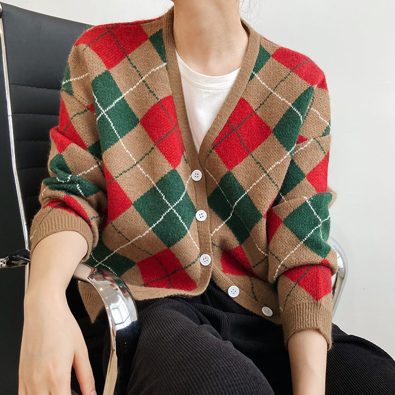 Retro Plaid Print V-Collar Casual Sweater