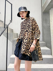 Leopard Print High-Low Loose Stand Collar Shirt