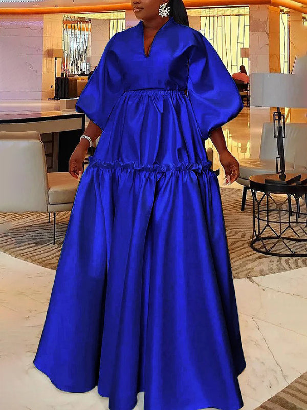 High Waisted Puff Sleeves Falbala Solid Color V-Neck Maxi Dresses