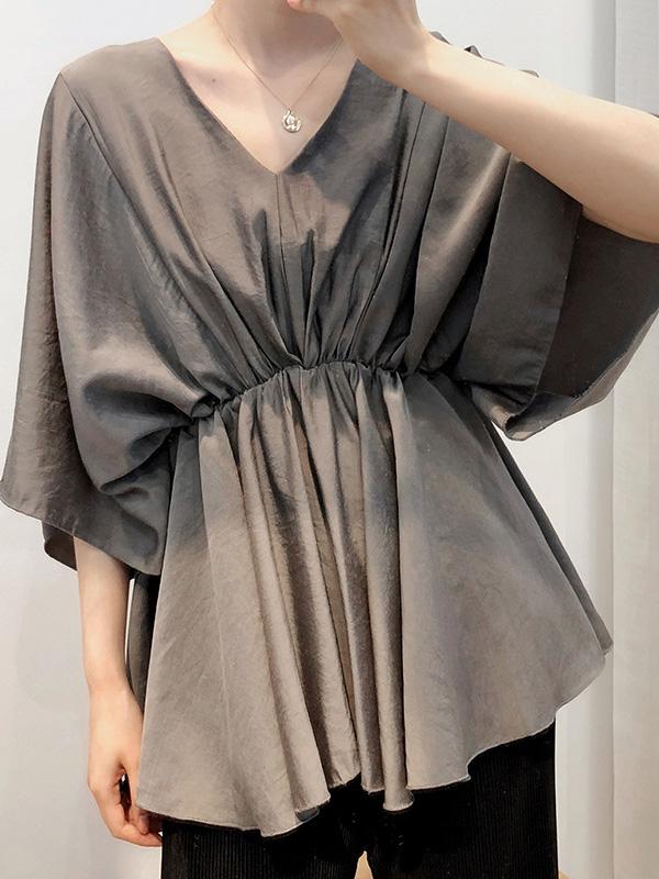 Loose Solid V-Neck Bat Sleeves Chiffon Shirt