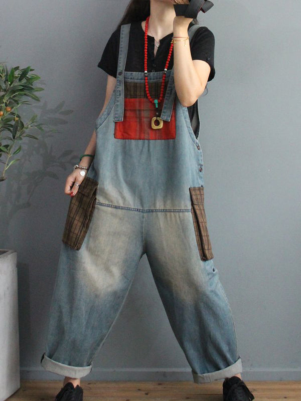 Women Plaid Patch Pocket Loose Pants