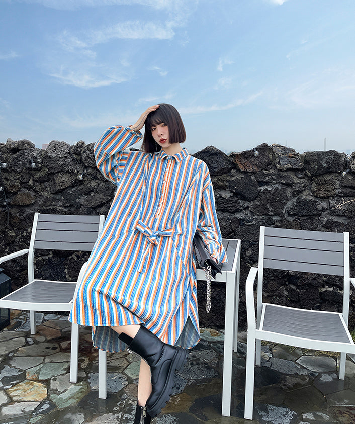 Loose Striped Belted Irregular Shirt Dress