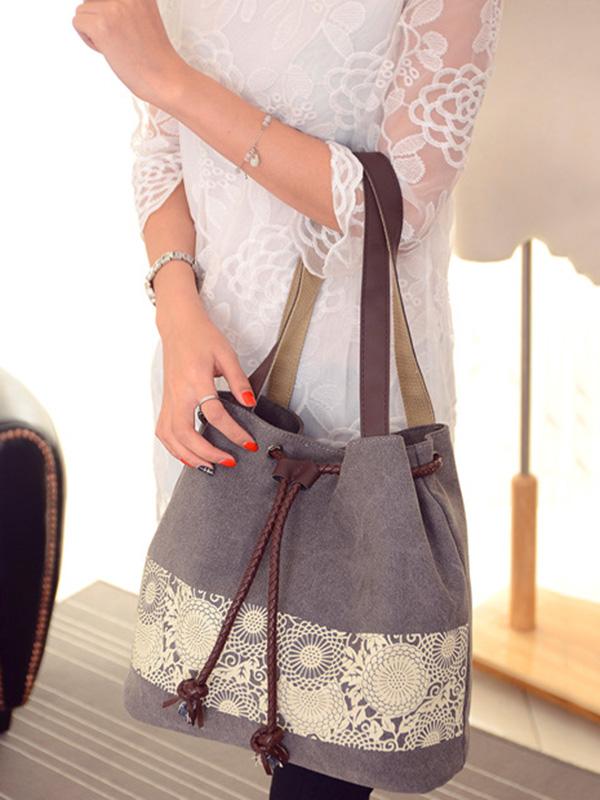 Ethnic Style Printed Canvas Drawstring Bucket Bag