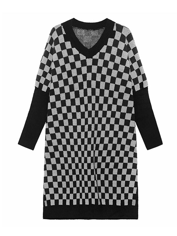 Original Roomy Plaid V-Neck Long Sleeves Sweater Dress