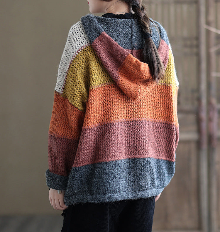 Casual Color Striped Hooded Knit Sweater