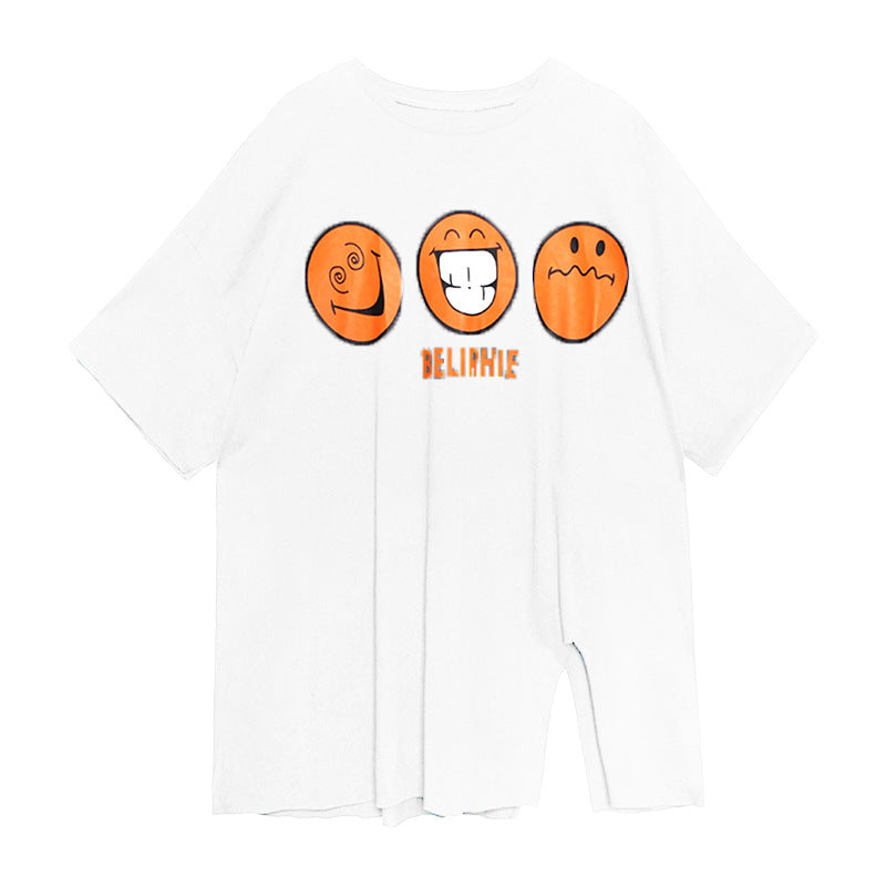 Women Loose Slimming Smiley Face Print Short Sleeve T-Shirt