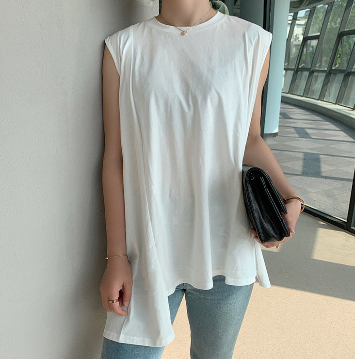 Women Irregular Stitching Round Neck Sleeveless T-Shirt