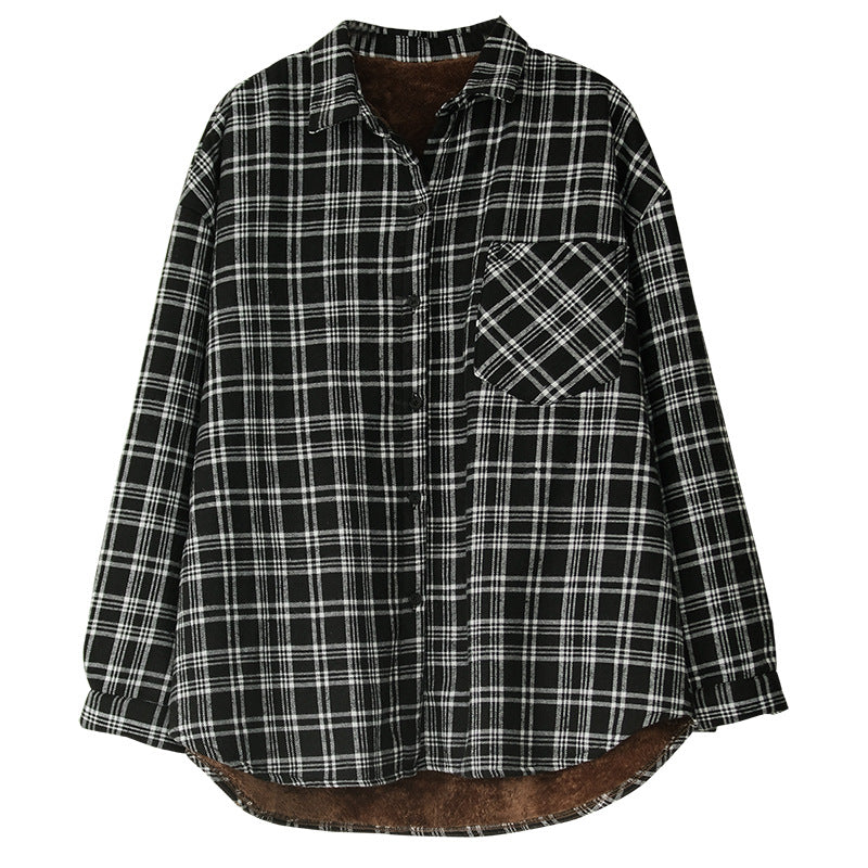 Retro Plaid Thicken Lapel Collar Shirt