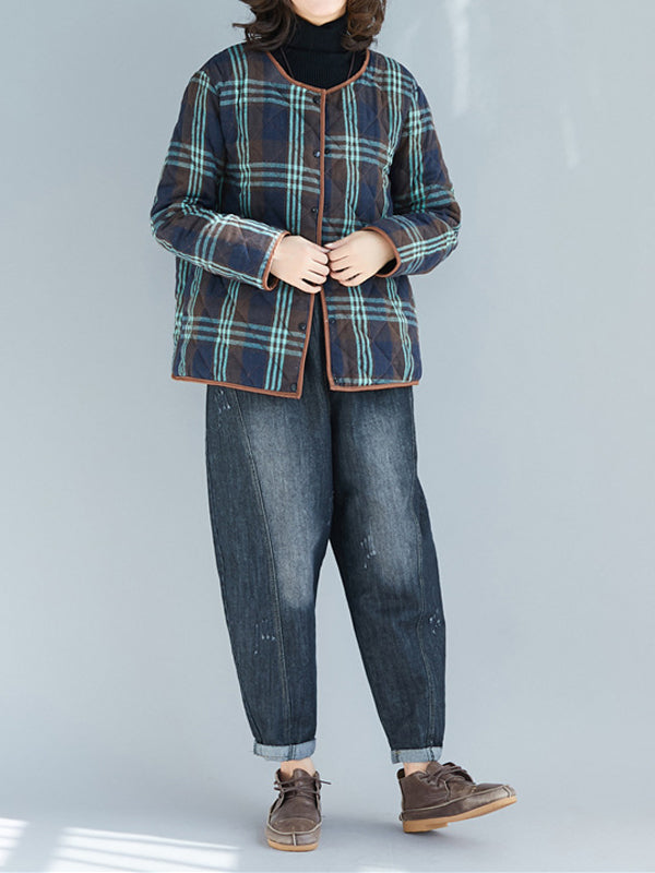 Women Retro Round Neck Plaid Print Coat