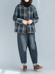 Women Retro Round Neck Plaid Print Coat